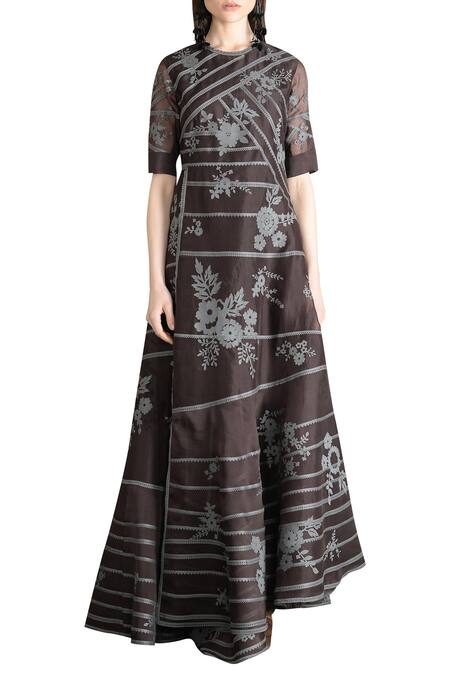 Sahil Kochhar_Brown Organza Embroidered Floral Motif Round Maxi Dress _Online_at_Aza_Fashions