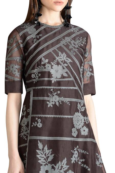 Sahil Kochhar_Brown Organza Embroidered Floral Motif Round Maxi Dress _at_Aza_Fashions