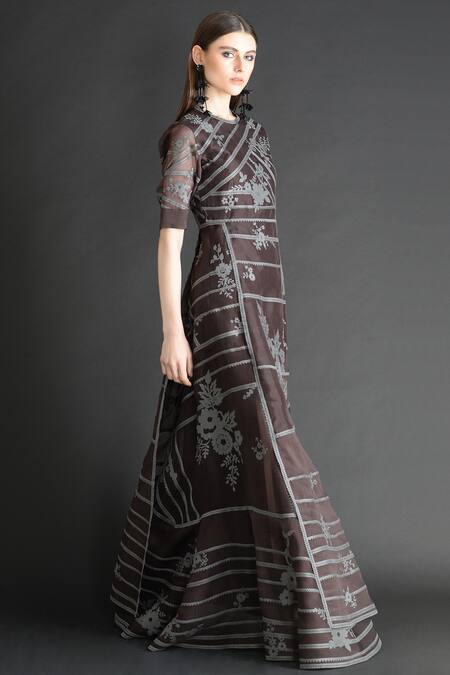 Buy_Sahil Kochhar_Brown Organza Embroidered Floral Motif Round Maxi Dress _Online_at_Aza_Fashions