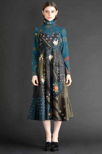 Buy_Sahil Kochhar_Green Turtle Neck Floral Midi Dress _Online_at_Aza_Fashions