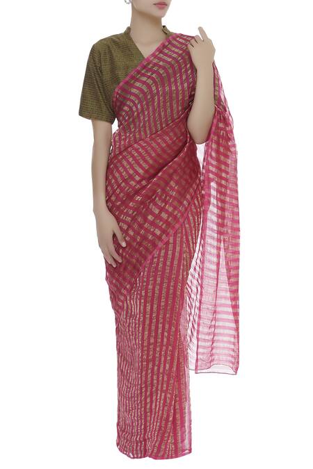 Akaaro_Pink Chanderi Striped Saree  _Online_at_Aza_Fashions