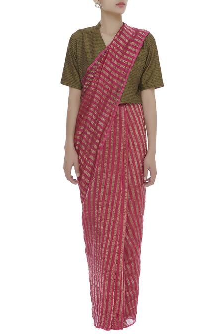 Buy_Akaaro_Pink Chanderi Striped Saree  _Online_at_Aza_Fashions