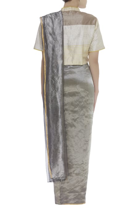 Shop_Akaaro_Silver Silk Zari Woven Shimmer Cotton Saree  _at_Aza_Fashions