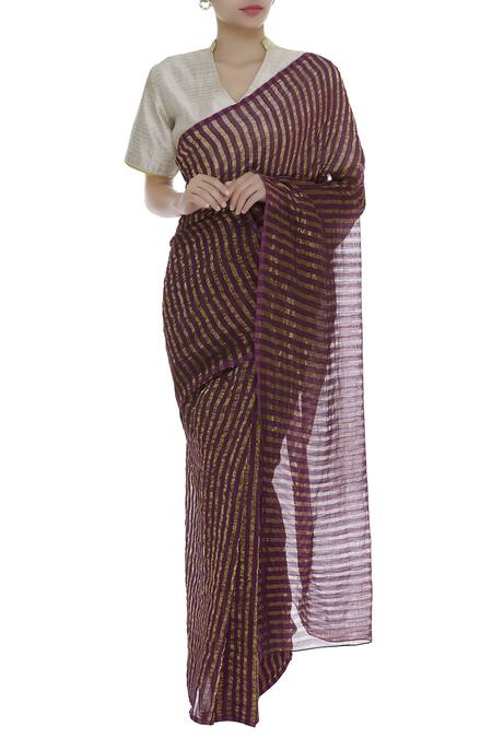 Akaaro_Gold Chanderi Zari Woven Stripe Detail Saree  _Online_at_Aza_Fashions