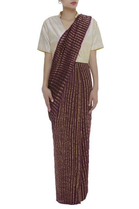 Buy_Akaaro_Gold Chanderi Zari Woven Stripe Detail Saree  _Online_at_Aza_Fashions