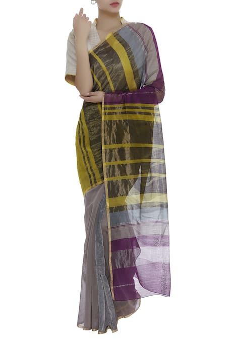 Akaaro_Multi Color Chanderi Striped Saree  _Online_at_Aza_Fashions