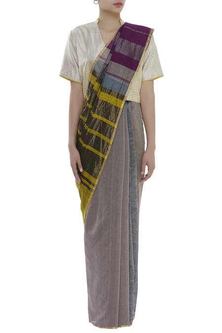Buy_Akaaro_Multi Color Chanderi Striped Saree  _Online_at_Aza_Fashions