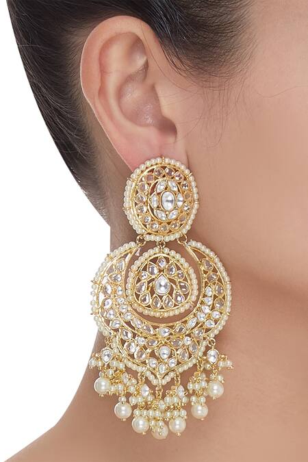 Shop Moh-Maya By Disha Khatri Gold Plated Pearls, Diamonds Kundan Dangling Chandbali Earrings at Aza Fashions Shop_Moh-Maya By Disha Khatri_Gold Plated Pearls, Diamonds Kundan Dangling Chandbali Earrings_at_Aza_Fashions