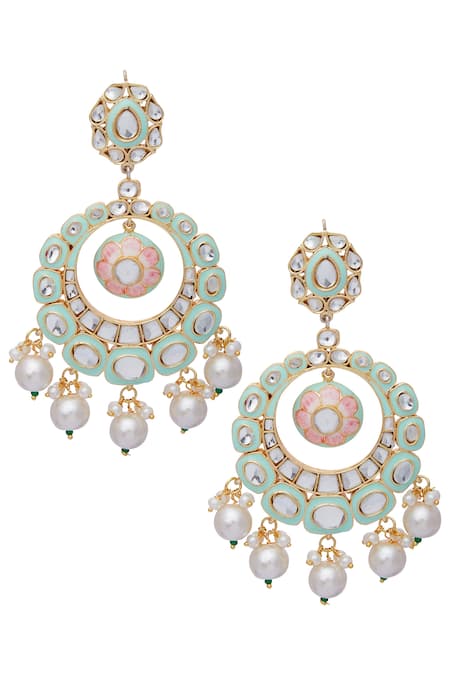 Moh-Maya by Disha Khatri Gold Plated Mint Green Meenakari Chandbali Earrings