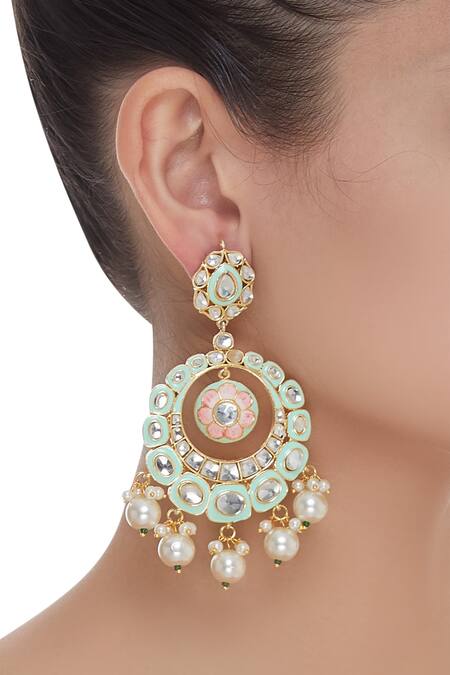 Shop_Moh-Maya By Disha Khatri_Gold Plated Mint Green Meenakari Chandbali Earrings_at_Aza_Fashions