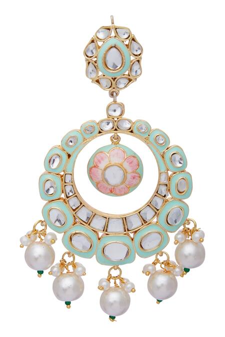 Moh-Maya By Disha Khatri_Gold Plated Mint Green Meenakari Chandbali Earrings_Online_at_Aza_Fashions