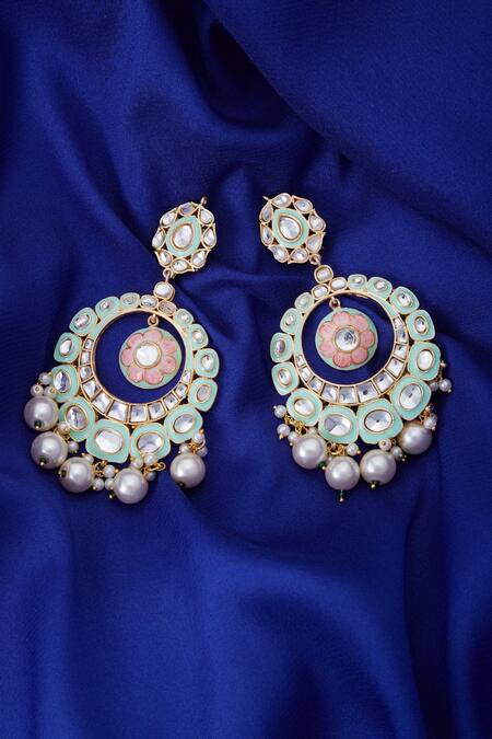 Buy_Moh-Maya By Disha Khatri_Gold Plated Mint Green Meenakari Chandbali Earrings_Online_at_Aza_Fashions