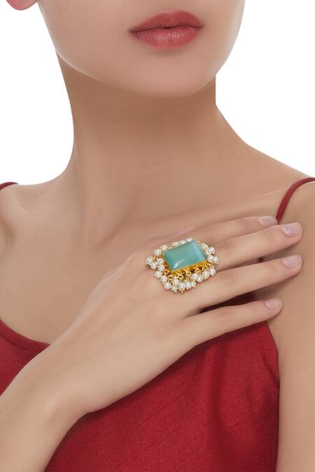 Moh-Maya By Disha Khatri Gold Plated Hand Crafted Stone And Pearl Finger Ring 2
