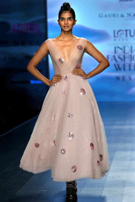 Gauri & Nainika Deep Neck Sequin Embroidered Polka Dot Dress 