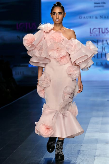 Gauri & Nainika One Shoulder 3D flower embellished Dress  