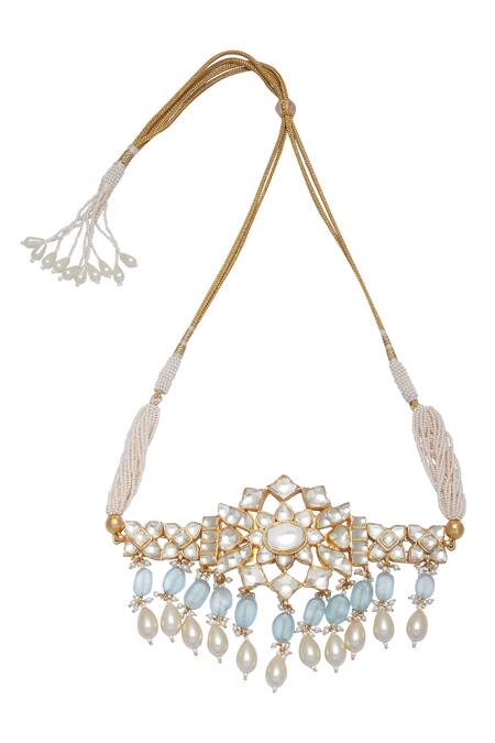 BelsI'S_White Kundan Flower Choker Necklace With Earrings_Online_at_Aza_Fashions
