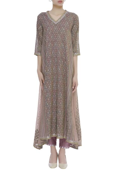 Kora Pink Block Print Asymmetric Kurta Set Online at Aza Fashions Kora_Pink Block Print Asymmetric Kurta Set_Online_at_Aza_Fashions