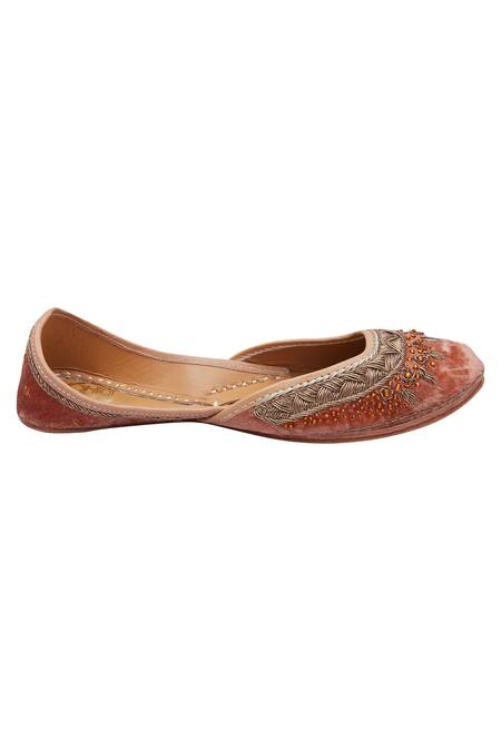 Buy_Vareli Bafna_Orange Zardozi And Pearl Embroidered Velvet Juttis _Online_at_Aza_Fashions