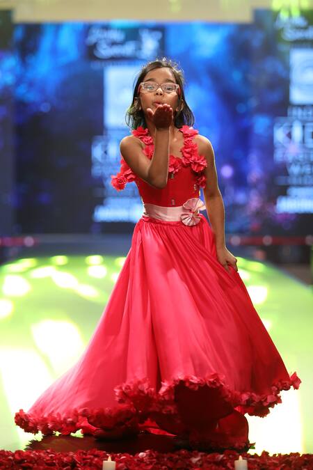Shop_Little Secrets_Pink 3d Floral Embellished Gown  _at_Aza_Fashions