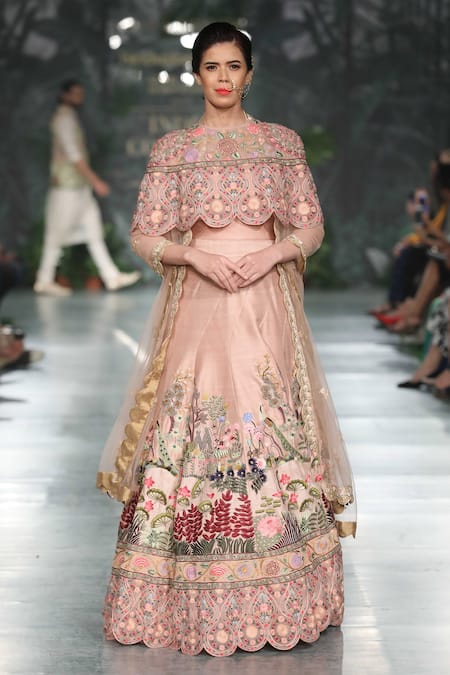 Rahul Mishra Peach Thread And Resham Embroidered Lehenga