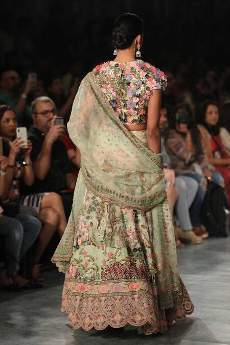 Shop_Rahul Mishra_Green Organza Embroidered Kalidar Lehenga_at_Aza_Fashions