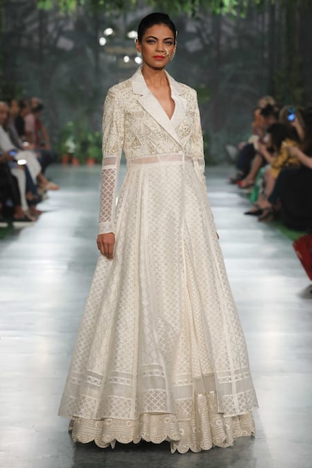 Rahul Mishra White Cutwork Chanderi Hand Embroidered Kalidar Lehenga