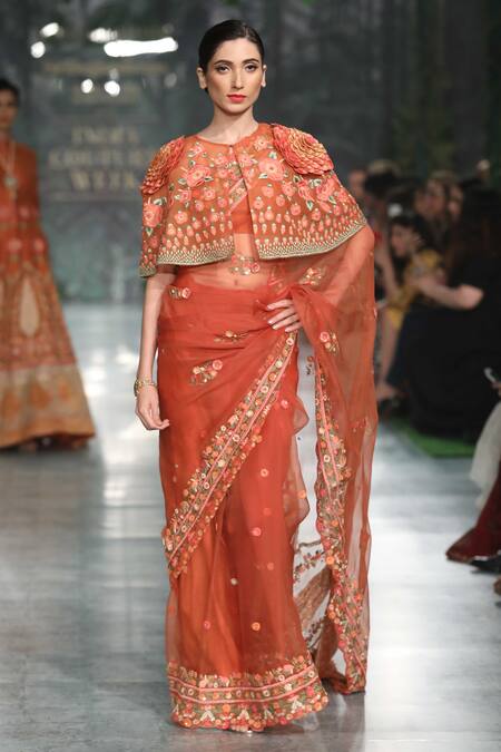 Rahul Mishra Orange 3d Rose Embroidered Cape