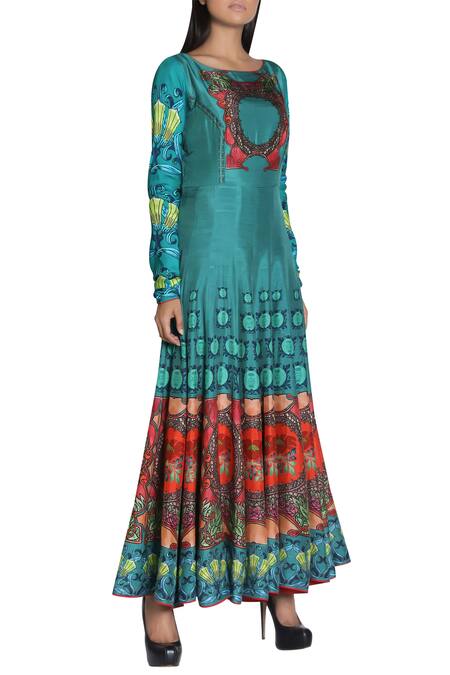 Nautanky_Blue Printed Anarkali Kurta _Online_at_Aza_Fashions