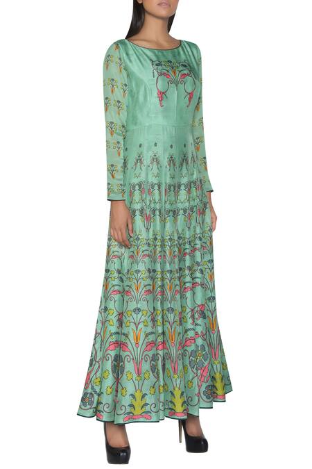 Nautanky_Green Long Printed Anarkali Kurta _Online_at_Aza_Fashions
