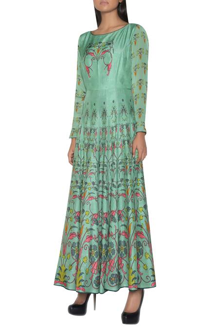 Buy_Nautanky_Green Long Printed Anarkali Kurta _Online_at_Aza_Fashions