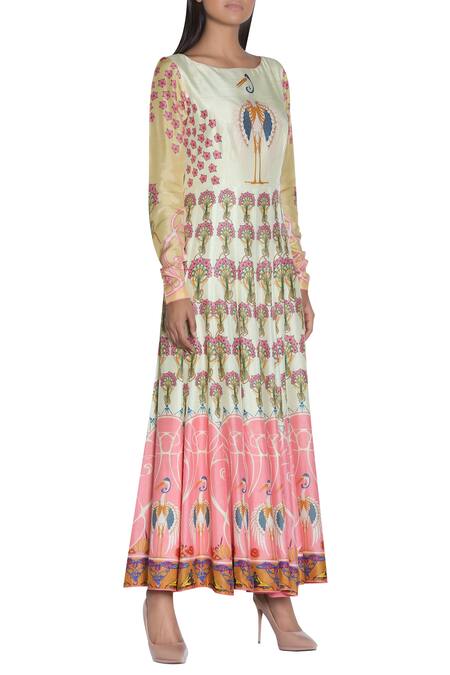Nautanky_Yellow Printed Long Anarkali Kurta _Online_at_Aza_Fashions