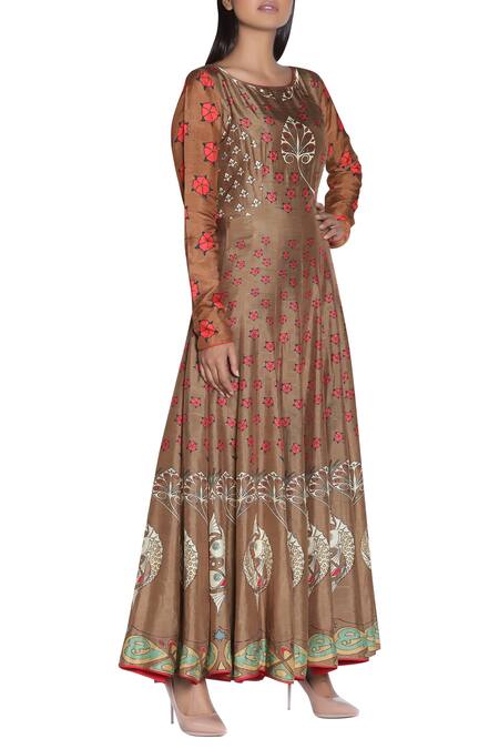 Shop_Nautanky_Brown Printed Anarkali Kurta _Online_at_Aza_Fashions