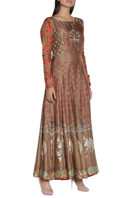 Nautanky_Brown Printed Anarkali Kurta _Online_at_Aza_Fashions