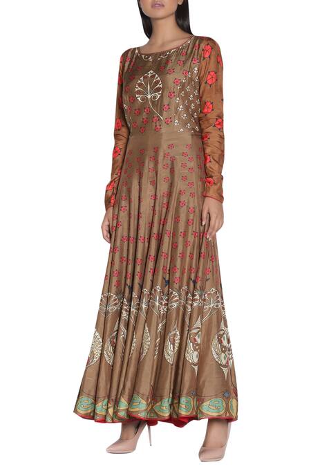 Buy_Nautanky_Brown Printed Anarkali Kurta _Online_at_Aza_Fashions