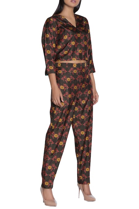 Nautanky_Brown Slub Silk Printed Notched On Pant Set _Online_at_Aza_Fashions