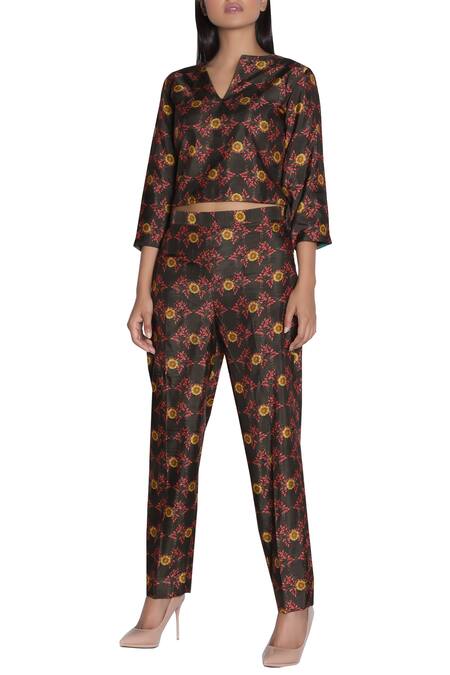 Buy_Nautanky_Brown Slub Silk Printed Notched On Pant Set _Online_at_Aza_Fashions