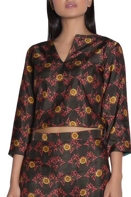 Shop_Nautanky_Brown Slub Silk Printed Notched On Pant Set _Online_at_Aza_Fashions