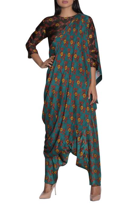 Nautanky_Blue Chiffon, Slub Silk Printed Round Neckline Draped Pant Saree _Online_at_Aza_Fashions