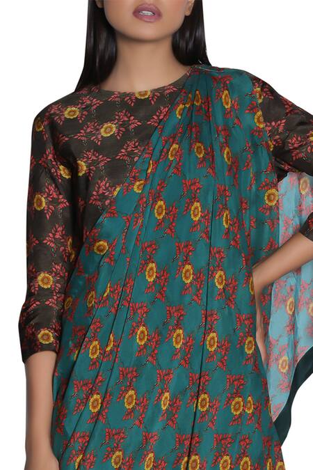 Shop_Nautanky_Blue Chiffon, Slub Silk Printed Round Neckline Draped Pant Saree _Online_at_Aza_Fashions