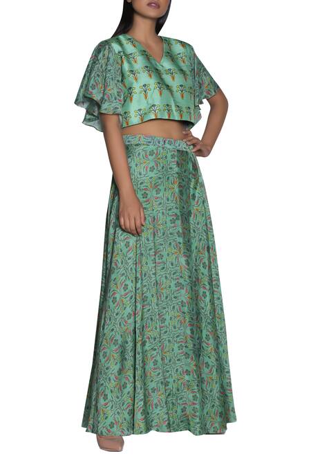 Nautanky_Green Chiffon, Slub Silk Printed V-neck Slit Skirt And Crop Top Set _Online_at_Aza_Fashions