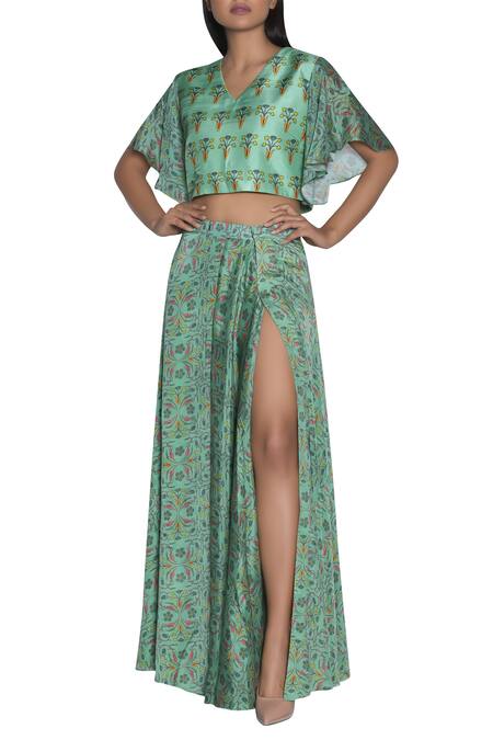 Shop_Nautanky_Green Chiffon, Slub Silk Printed V-neck Slit Skirt And Crop Top Set _Online_at_Aza_Fashions