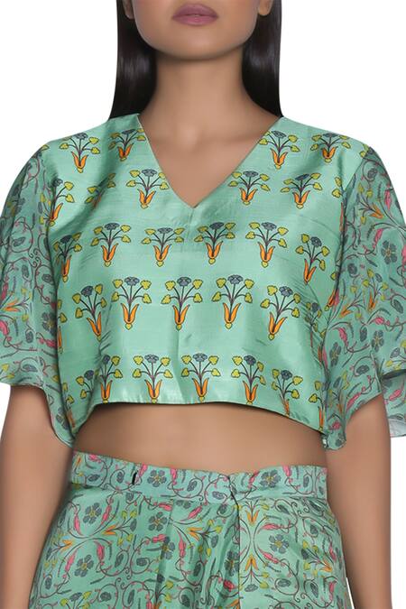 Nautanky_Green Chiffon, Slub Silk Printed V-neck Slit Skirt And Crop Top Set _at_Aza_Fashions