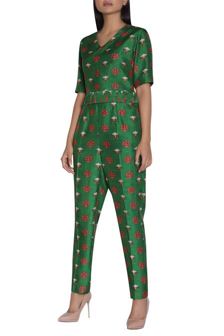 Buy_Nautanky_Green Chiffon, Slub Silk Printed V-neck On Pant Set _Online_at_Aza_Fashions