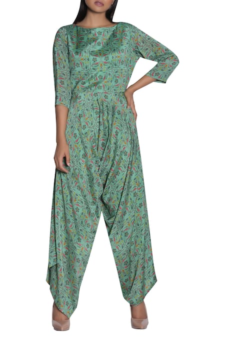 Nautanky Green Bateau Printed Afghani Jumpsuit  