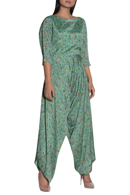 Nautanky_Green Bateau Printed Afghani Jumpsuit _Online_at_Aza_Fashions