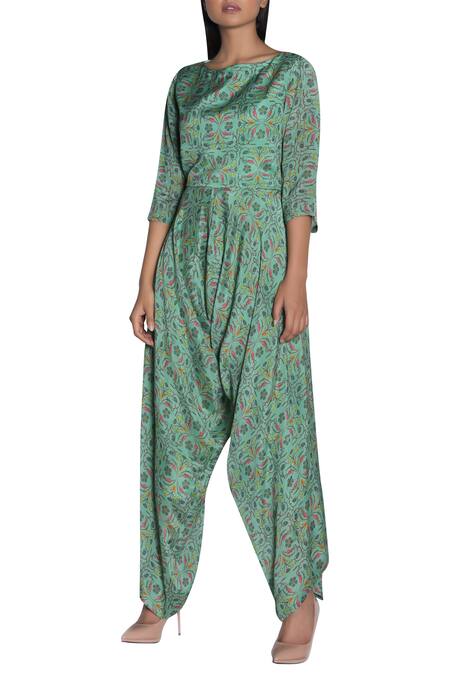 Buy_Nautanky_Green Bateau Printed Afghani Jumpsuit _Online_at_Aza_Fashions