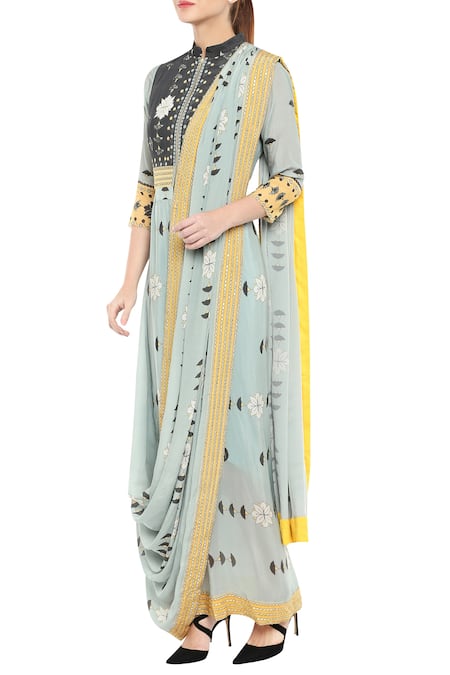 Buy Soup By Sougat Paul Green Mandarin Collar Draped Dress Saree Online at Aza Fashions Buy_Soup By Sougat Paul_Green Mandarin Collar Draped Dress Saree _Online_at_Aza_Fashions