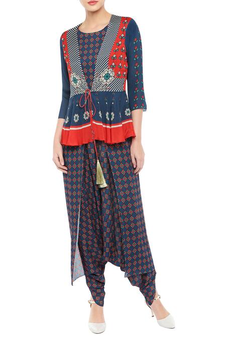 Soup By Sougat Paul_Blue Crepe Geometric Motifs Jumpsuit Round Jacket V-neck Tie Up And Draped _Online_at_Aza_Fashions