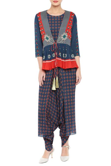 Buy_Soup By Sougat Paul_Blue Crepe Geometric Motifs Jumpsuit Round Jacket V-neck Tie Up And Draped _Online_at_Aza_Fashions
