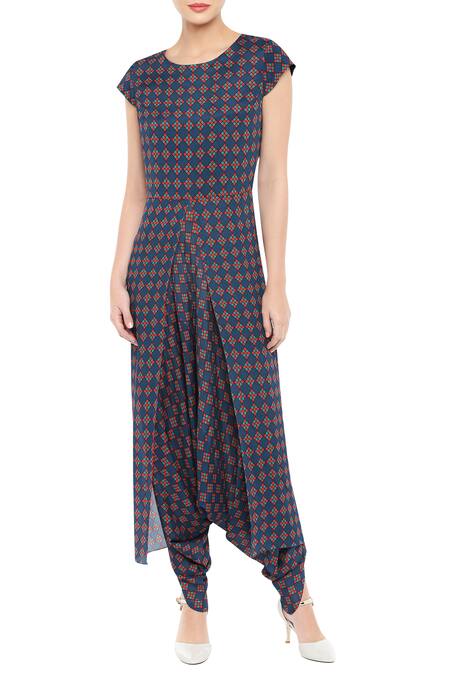 Shop_Soup By Sougat Paul_Blue Crepe Geometric Motifs Jumpsuit Round Jacket V-neck Tie Up And Draped _Online_at_Aza_Fashions